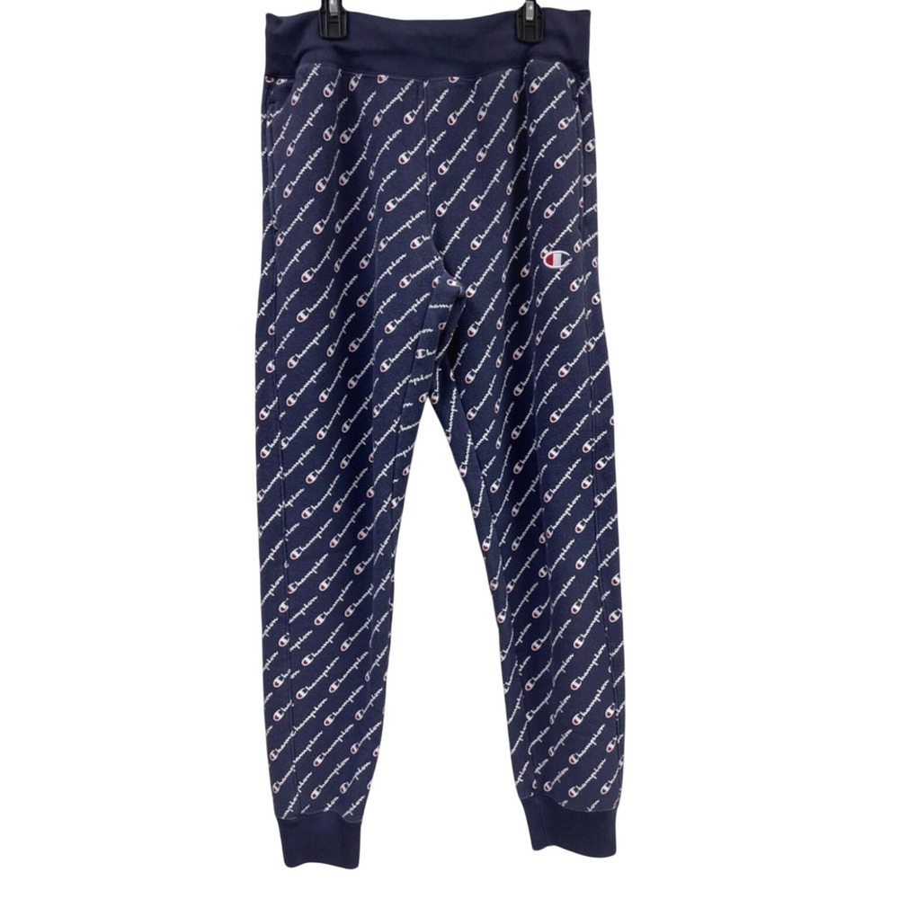 Champion Joggers Navy All Over Script Logo Reverse Weave Mens Medium Y2k